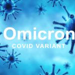 Omicron COVID-19 variant poster, panoramic banner with coronavirus germs in cell. Concept of science virology, danger, vaccine research, corona virus mutation and COVID19 superbug. 3d illustration.